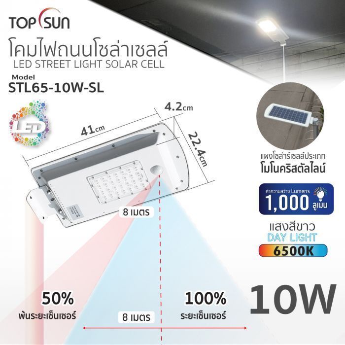 โคมไฟถนนโซล่าเซลล์ 10W รุ่น STL65-10W-SL TOPSUN