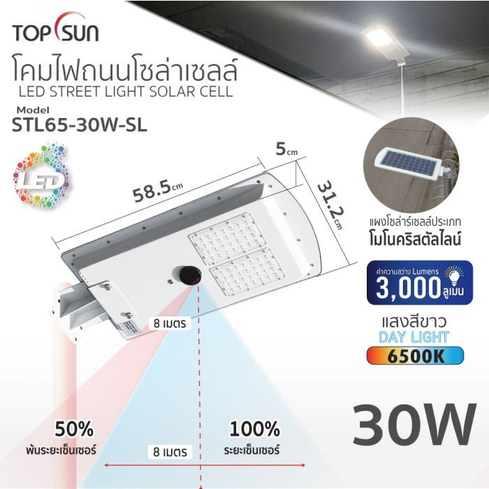 โคมไฟถนนโซล่าเซลล์ 30W รุ่น STL65-30W-SL TOPSUN