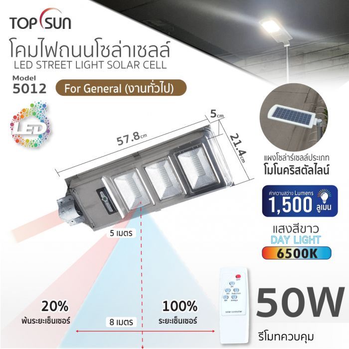 โคมไฟถนนโซล่าเซลล์ 50W รุ่น 5012 TOPSUN 