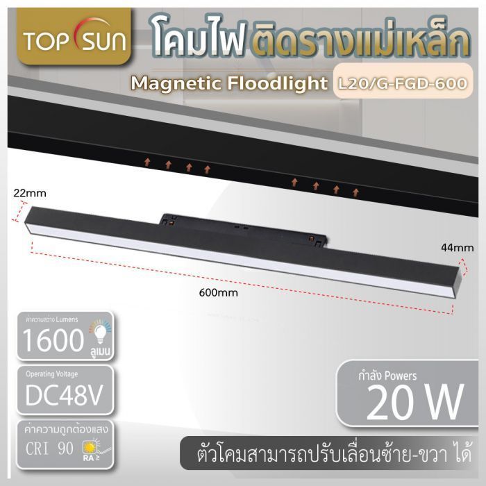 โคมไฟติดรางแม่เหล็ก Magnetic Flood 20วัตต์ รุ่น L20/G-FGD-600 