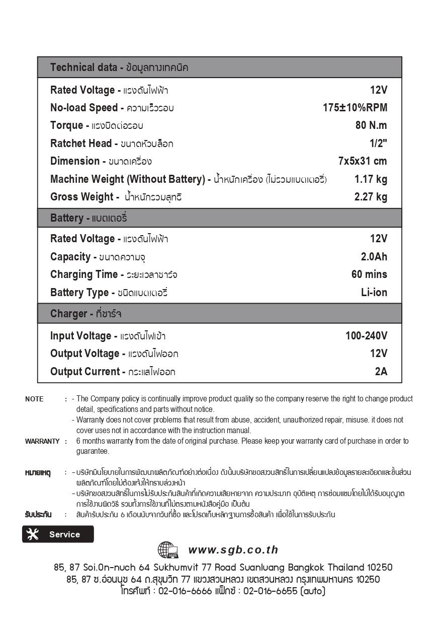 ด้ามฟรีไร้สาย 4 หุน รุ่น CRW699-3 SUMO ตารางข้อมูลการใช้งาน ข้อมูลการทำงาน