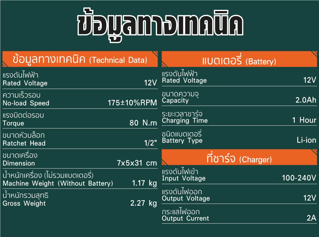 ตารางข้อมูลทางเทคนิค ด้ามฟรีไร้สาย 4 หุน รุ่น CRW699-3 SUMO